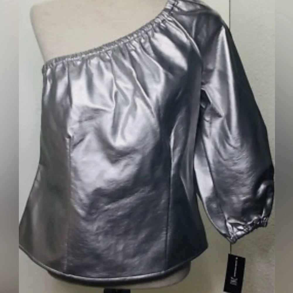 INC NWT Shiny Silver Metallic One-Shoulder Top - Picture 9 of 13